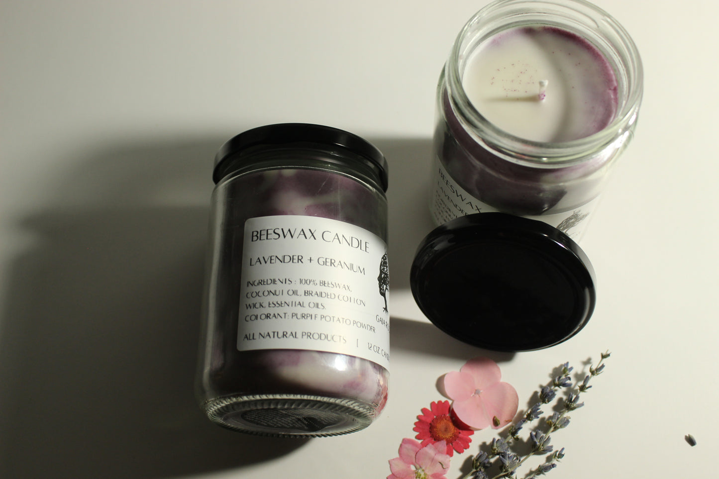BEESWAX CANDLE  LAVENDER + GERANIUM